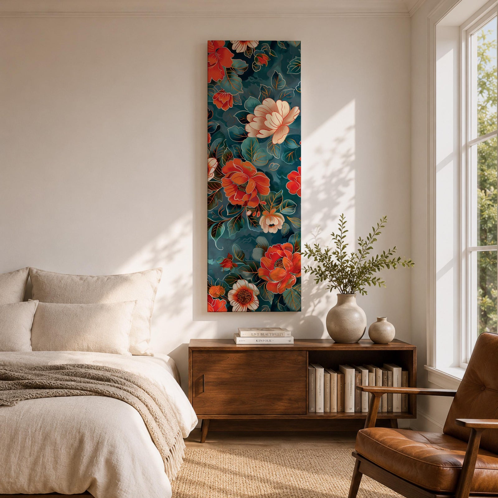 Tall vertical floral artwork featuring large peony blossoms in coral red and soft ivory tones layered across a deep teal background. Delicate botanical leaves and stems weave through the composition with fine line details and painterly shading, creating a decorative chinoiserie inspired floral pattern.