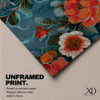 Tall vertical floral artwork featuring large peony blossoms in coral red and soft ivory tones layered across a deep teal background. Delicate botanical leaves and stems weave through the composition with fine line details and painterly shading, creating a decorative chinoiserie inspired floral pattern.