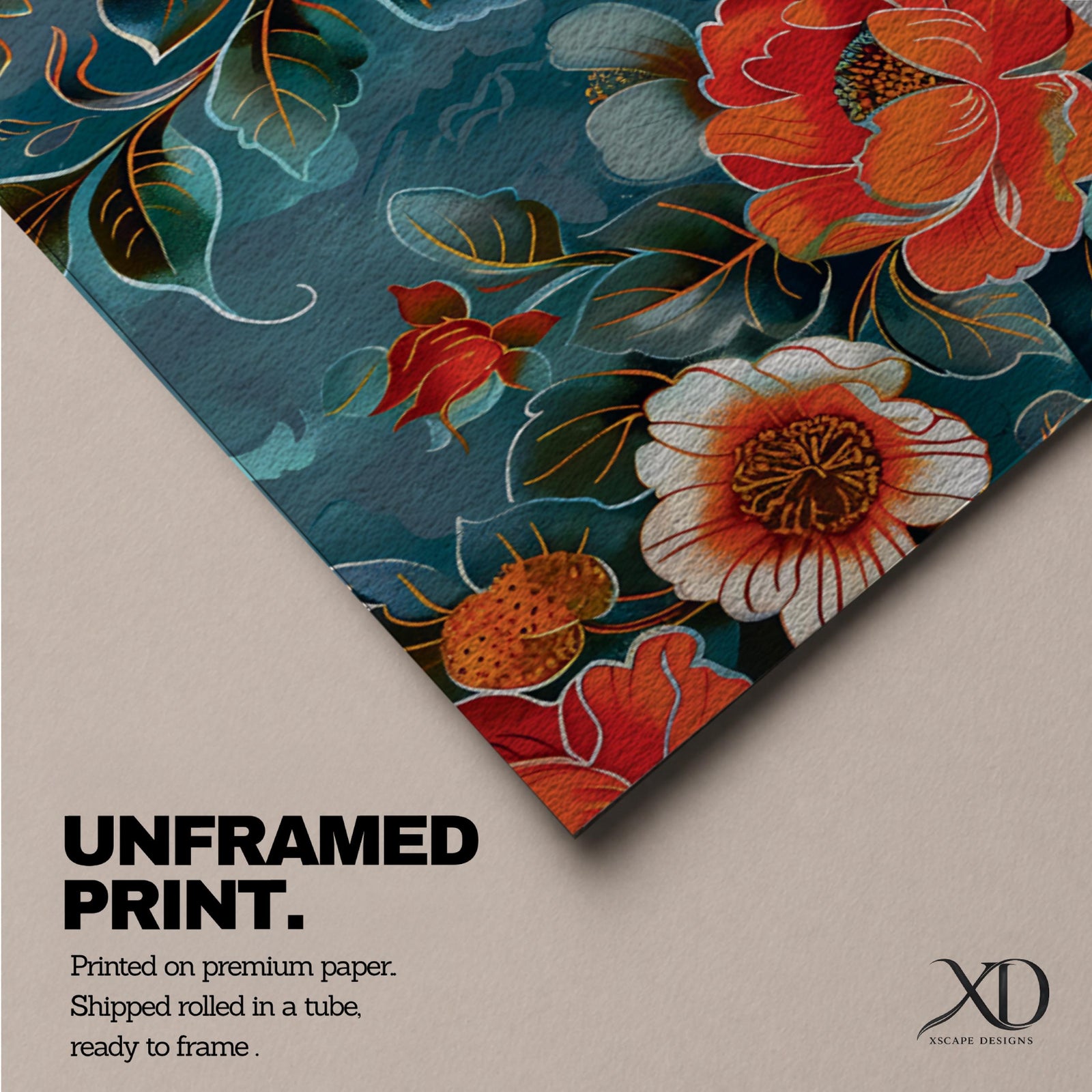 Tall vertical floral artwork featuring large peony blossoms in coral red and soft ivory tones layered across a deep teal background. Delicate botanical leaves and stems weave through the composition with fine line details and painterly shading, creating a decorative chinoiserie inspired floral pattern.