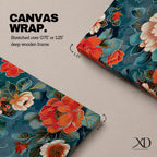 Tall vertical floral artwork featuring large peony blossoms in coral red and soft ivory tones layered across a deep teal background. Delicate botanical leaves and stems weave through the composition with fine line details and painterly shading, creating a decorative chinoiserie inspired floral pattern.