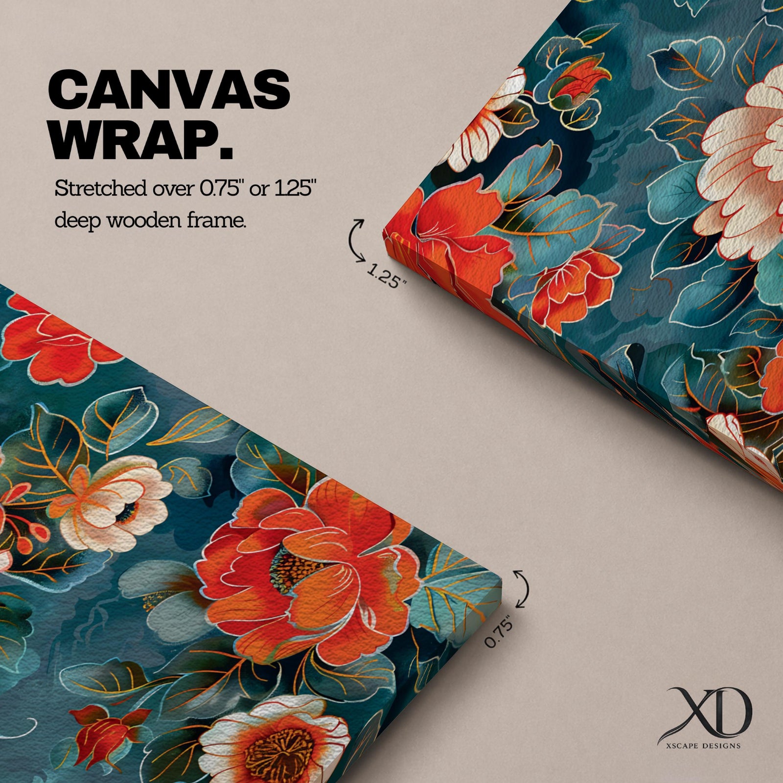 Tall vertical floral artwork featuring large peony blossoms in coral red and soft ivory tones layered across a deep teal background. Delicate botanical leaves and stems weave through the composition with fine line details and painterly shading, creating a decorative chinoiserie inspired floral pattern.