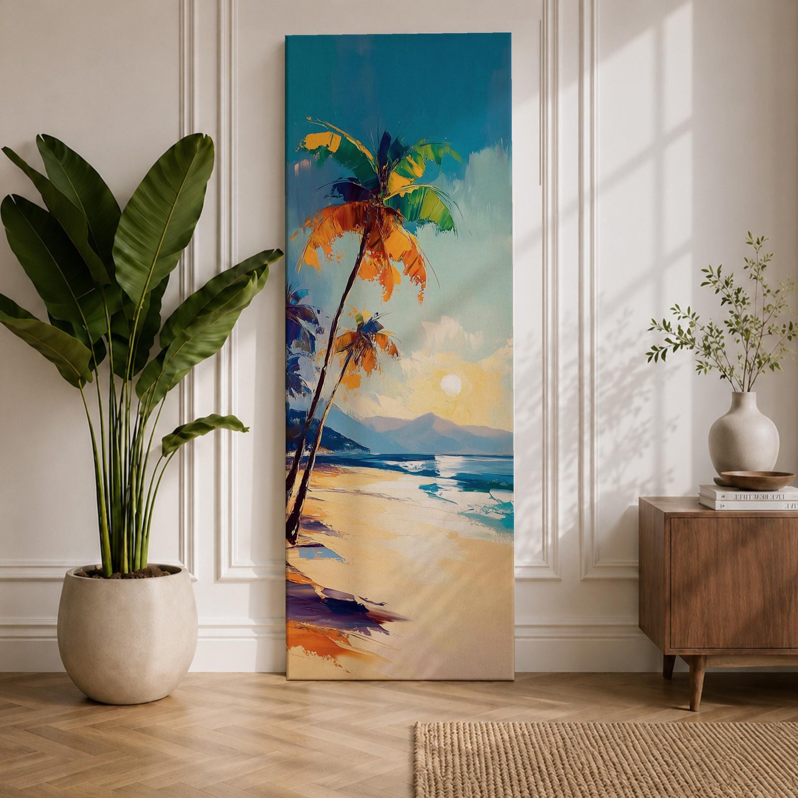 Tall vertical tropical beach painting showing leaning palm trees along a sandy shoreline with waves meeting the coast. A glowing sun hangs above distant mountains while warm golden light reflects across the water. Loose expressive brushstrokes blend turquoise sea, blue sky, and warm sand tones.