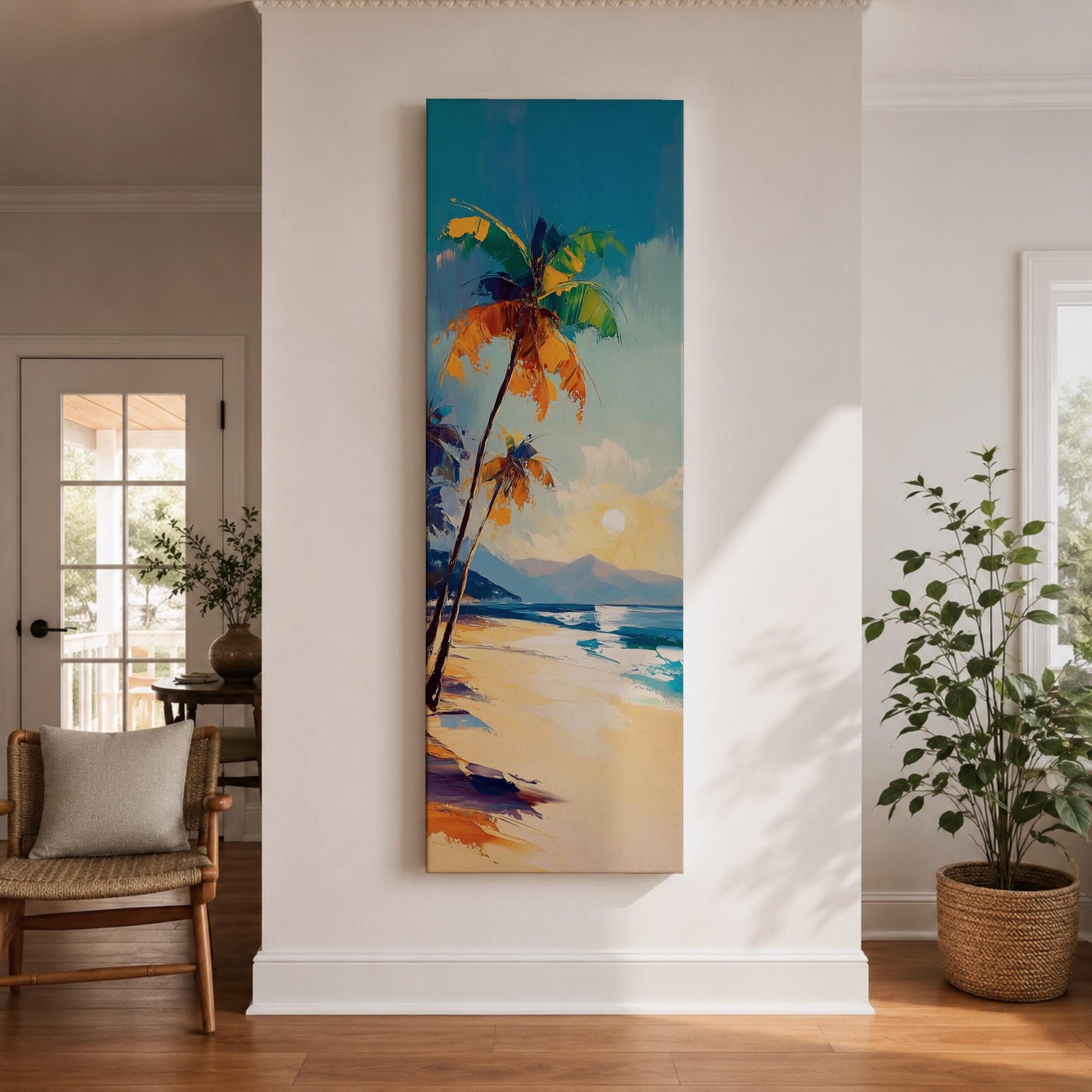 Tall vertical tropical beach painting showing leaning palm trees along a sandy shoreline with waves meeting the coast. A glowing sun hangs above distant mountains while warm golden light reflects across the water. Loose expressive brushstrokes blend turquoise sea, blue sky, and warm sand tones.