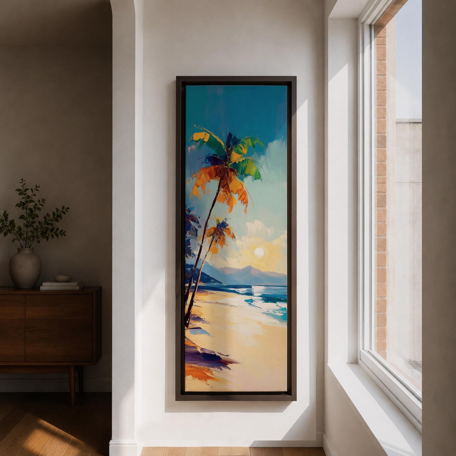 Tall vertical tropical beach painting showing leaning palm trees along a sandy shoreline with waves meeting the coast. A glowing sun hangs above distant mountains while warm golden light reflects across the water. Loose expressive brushstrokes blend turquoise sea, blue sky, and warm sand tones.