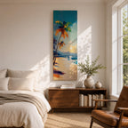Tall vertical tropical beach painting showing leaning palm trees along a sandy shoreline with waves meeting the coast. A glowing sun hangs above distant mountains while warm golden light reflects across the water. Loose expressive brushstrokes blend turquoise sea, blue sky, and warm sand tones.