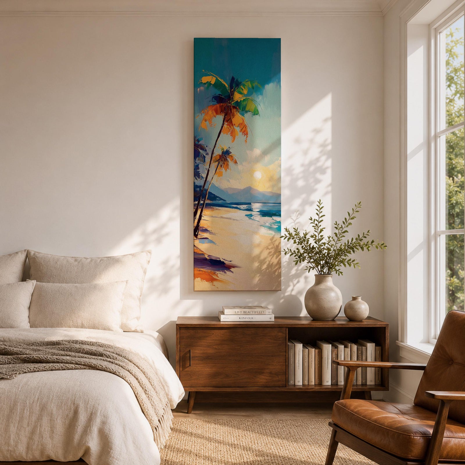 Tall vertical tropical beach painting showing leaning palm trees along a sandy shoreline with waves meeting the coast. A glowing sun hangs above distant mountains while warm golden light reflects across the water. Loose expressive brushstrokes blend turquoise sea, blue sky, and warm sand tones.