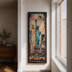 Tall vertical urban artwork depicting the Statue of Liberty rising above a New York City street scene with yellow taxi cabs, American flag, and surrounding skyscrapers. The composition blends collage textures and watercolor tones with the statue centered prominently against layered city buildings.