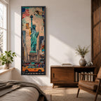 Tall vertical urban artwork depicting the Statue of Liberty rising above a New York City street scene with yellow taxi cabs, American flag, and surrounding skyscrapers. The composition blends collage textures and watercolor tones with the statue centered prominently against layered city buildings.
