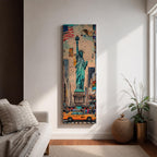 Tall vertical urban artwork depicting the Statue of Liberty rising above a New York City street scene with yellow taxi cabs, American flag, and surrounding skyscrapers. The composition blends collage textures and watercolor tones with the statue centered prominently against layered city buildings.