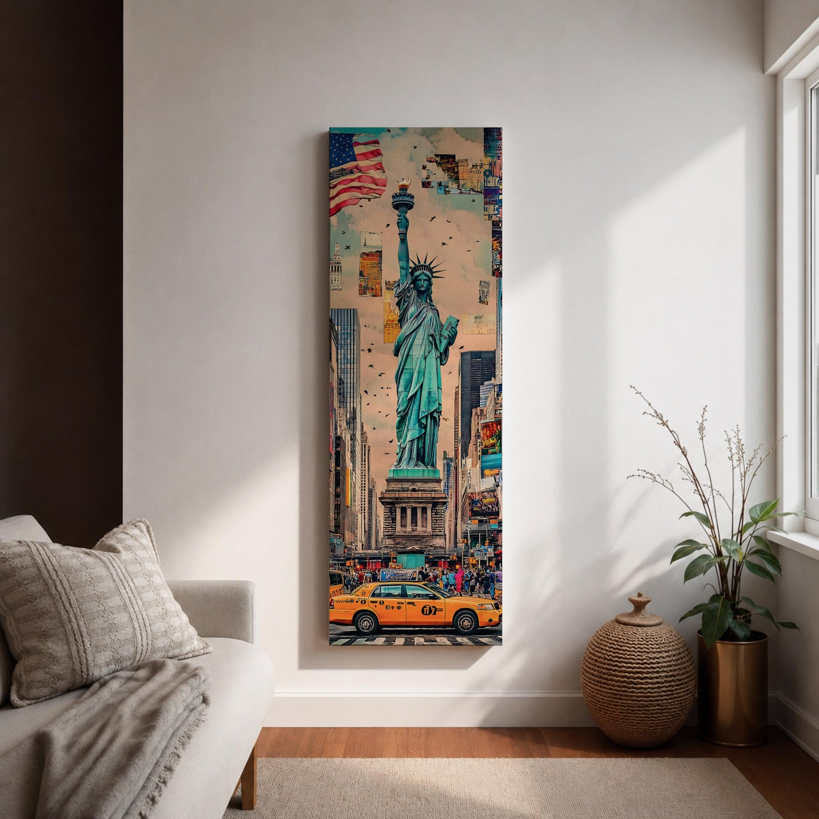 Tall vertical urban artwork depicting the Statue of Liberty rising above a New York City street scene with yellow taxi cabs, American flag, and surrounding skyscrapers. The composition blends collage textures and watercolor tones with the statue centered prominently against layered city buildings.