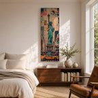 Tall vertical urban artwork depicting the Statue of Liberty rising above a New York City street scene with yellow taxi cabs, American flag, and surrounding skyscrapers. The composition blends collage textures and watercolor tones with the statue centered prominently against layered city buildings.