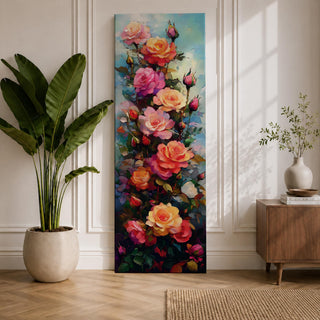 Tall vertical floral painting featuring a lush column of blooming roses in shades of coral, peach, pink, and soft yellow. Layered petals and rosebuds rise along green stems with expressive palette knife brushstrokes and soft sky tones in the background creating a vibrant botanical composition.