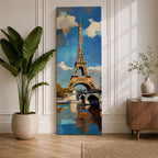 Tall vertical painting of the Eiffel Tower rising above the Seine River with a bridge spanning the water below. The tower reflects across the calm river while bright blue sky and soft clouds frame the landmark, rendered with expressive palette knife brushstrokes and bold contrasts of gold, blue, and white.