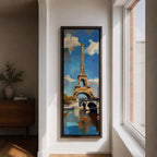 Tall vertical painting of the Eiffel Tower rising above the Seine River with a bridge spanning the water below. The tower reflects across the calm river while bright blue sky and soft clouds frame the landmark, rendered with expressive palette knife brushstrokes and bold contrasts of gold, blue, and white.
