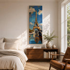Tall vertical painting of the Eiffel Tower rising above the Seine River with a bridge spanning the water below. The tower reflects across the calm river while bright blue sky and soft clouds frame the landmark, rendered with expressive palette knife brushstrokes and bold contrasts of gold, blue, and white.