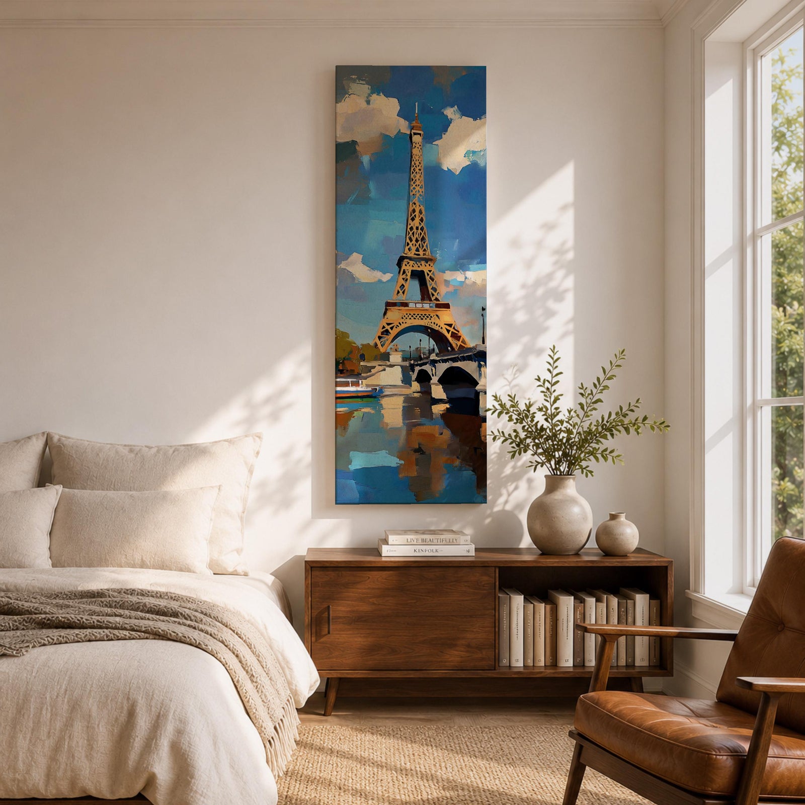 Tall vertical painting of the Eiffel Tower rising above the Seine River with a bridge spanning the water below. The tower reflects across the calm river while bright blue sky and soft clouds frame the landmark, rendered with expressive palette knife brushstrokes and bold contrasts of gold, blue, and white.