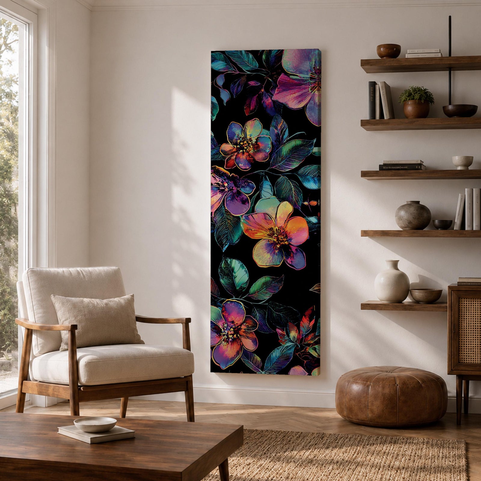 Tall vertical botanical artwork featuring glowing neon flowers in vibrant rainbow colors against a deep black background. Large luminous blossoms in pink, orange, purple, and blue are surrounded by detailed leaves, creating a modern floral composition with bold contrast and iridescent color transitions.
