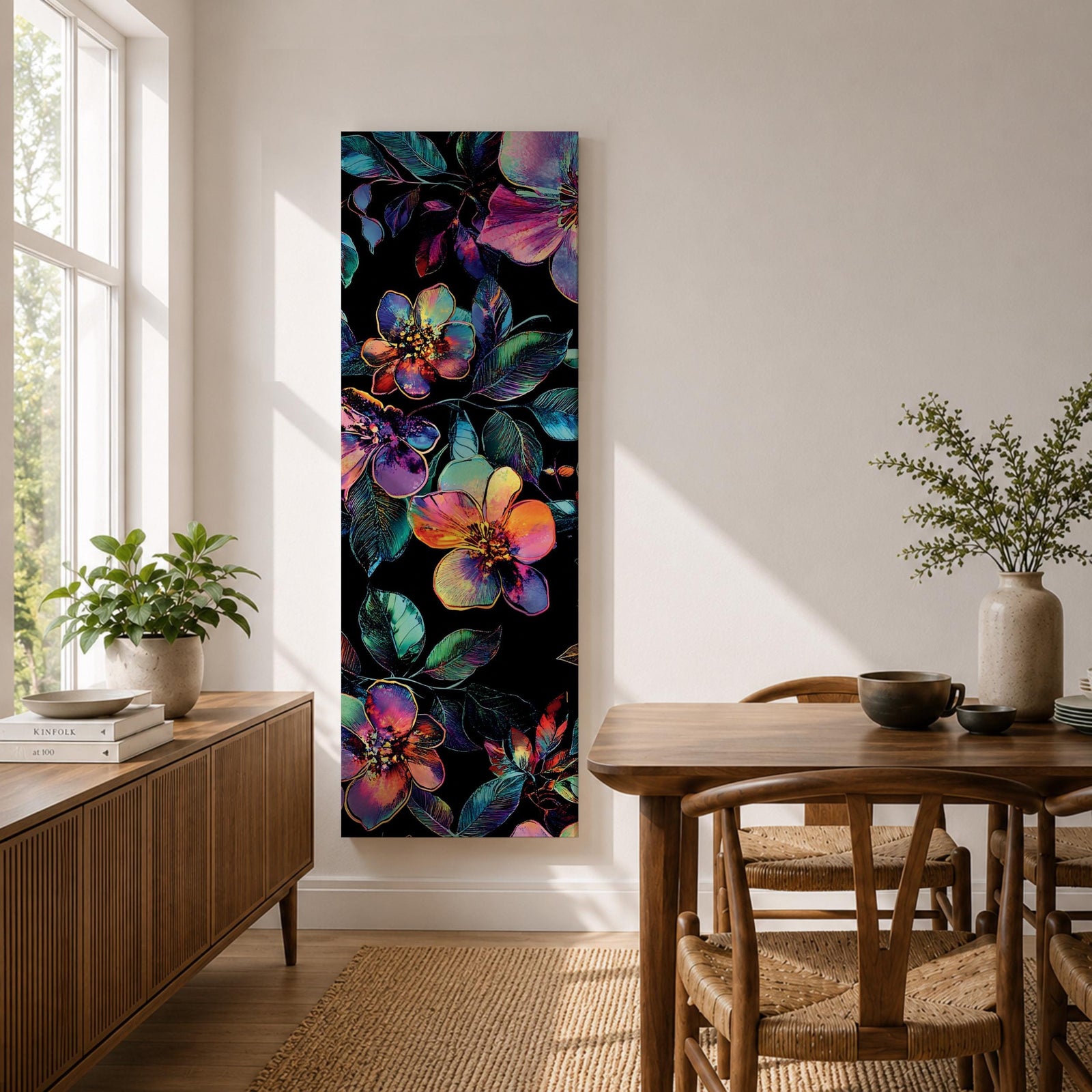 Tall vertical botanical artwork featuring glowing neon flowers in vibrant rainbow colors against a deep black background. Large luminous blossoms in pink, orange, purple, and blue are surrounded by detailed leaves, creating a modern floral composition with bold contrast and iridescent color transitions.