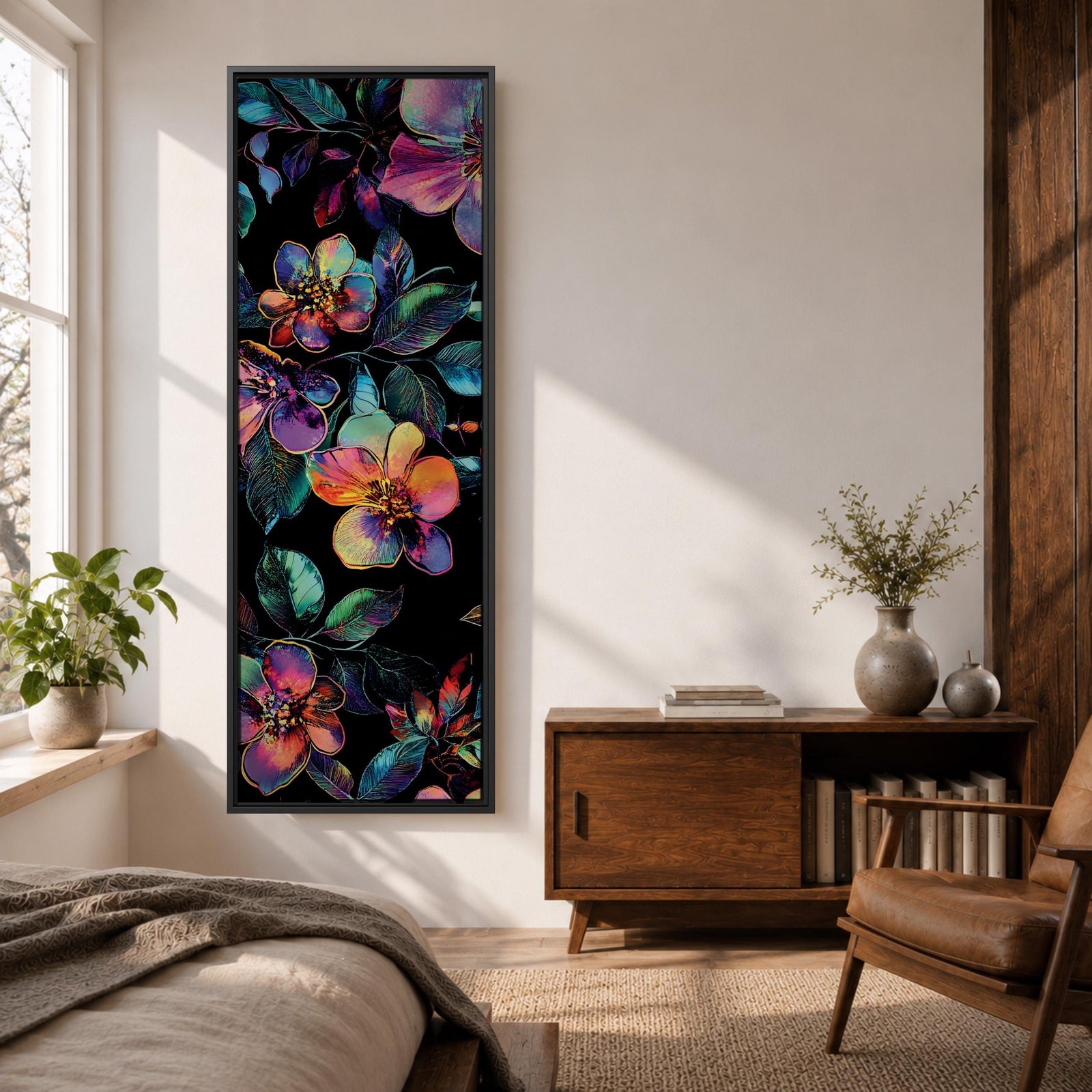 Tall vertical botanical artwork featuring glowing neon flowers in vibrant rainbow colors against a deep black background. Large luminous blossoms in pink, orange, purple, and blue are surrounded by detailed leaves, creating a modern floral composition with bold contrast and iridescent color transitions.