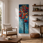 Tall vertical painting of a slender tree with branches filled with red and golden heart shaped leaves rising upward against a soft blue sky. The hearts cluster like blossoms along thin dark branches creating a romantic nature inspired composition with layered painterly textures.
