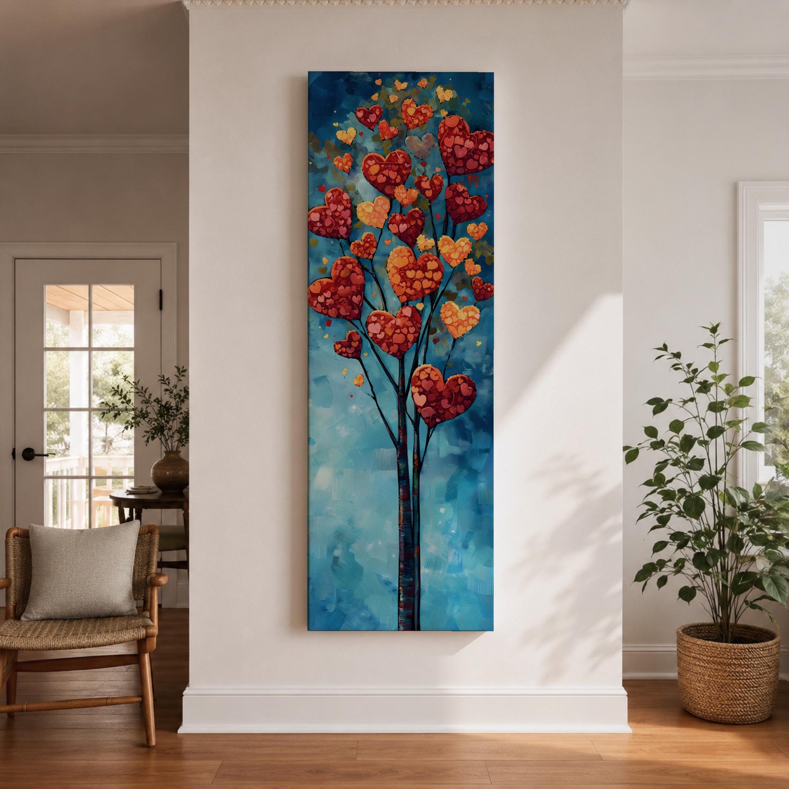 Tall vertical painting of a slender tree with branches filled with red and golden heart shaped leaves rising upward against a soft blue sky. The hearts cluster like blossoms along thin dark branches creating a romantic nature inspired composition with layered painterly textures.