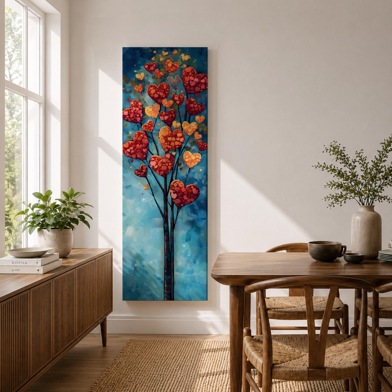 Tall vertical painting of a slender tree with branches filled with red and golden heart shaped leaves rising upward against a soft blue sky. The hearts cluster like blossoms along thin dark branches creating a romantic nature inspired composition with layered painterly textures.
