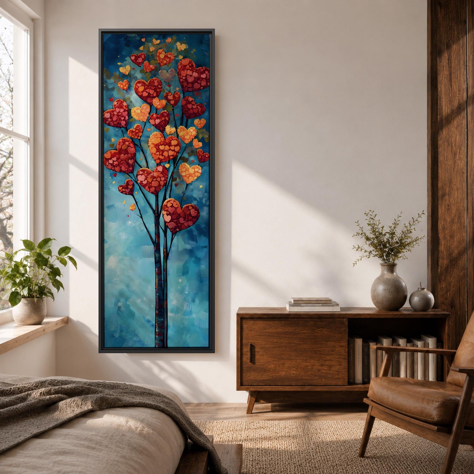 Tall vertical painting of a slender tree with branches filled with red and golden heart shaped leaves rising upward against a soft blue sky. The hearts cluster like blossoms along thin dark branches creating a romantic nature inspired composition with layered painterly textures.