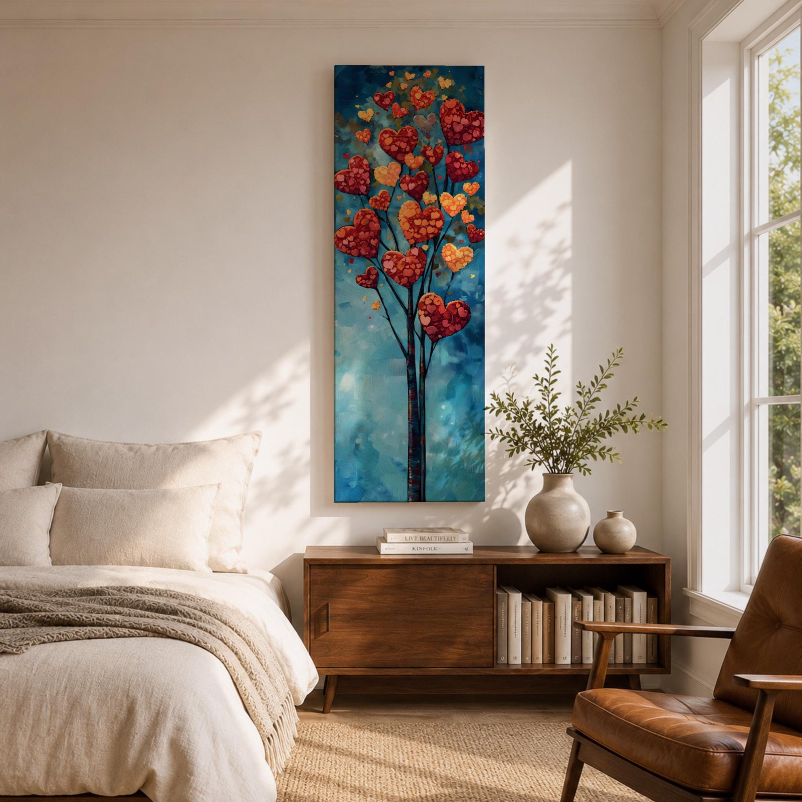 Tall vertical painting of a slender tree with branches filled with red and golden heart shaped leaves rising upward against a soft blue sky. The hearts cluster like blossoms along thin dark branches creating a romantic nature inspired composition with layered painterly textures.