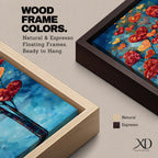 Tall vertical painting of a slender tree with branches filled with red and golden heart shaped leaves rising upward against a soft blue sky. The hearts cluster like blossoms along thin dark branches creating a romantic nature inspired composition with layered painterly textures.