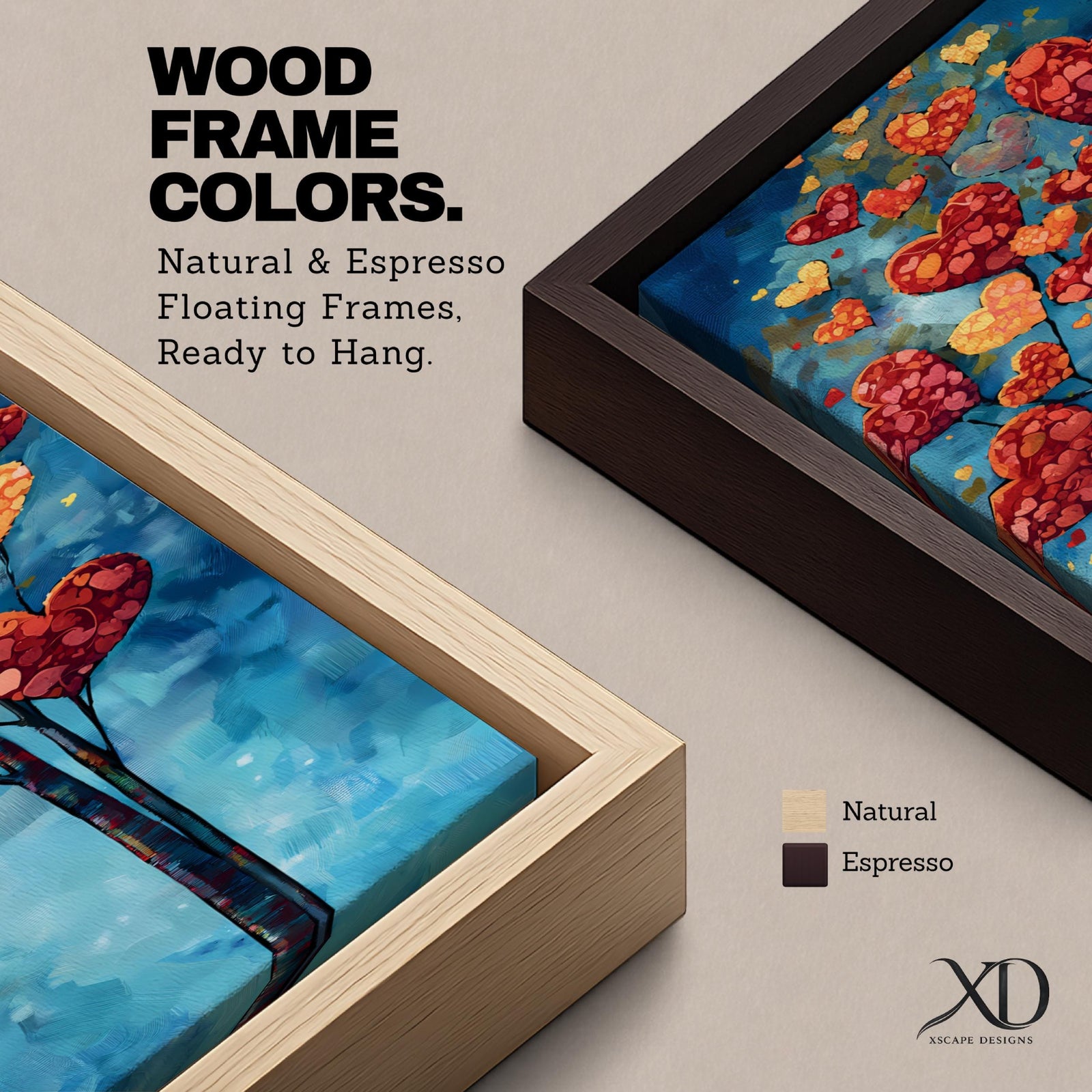 Tall vertical painting of a slender tree with branches filled with red and golden heart shaped leaves rising upward against a soft blue sky. The hearts cluster like blossoms along thin dark branches creating a romantic nature inspired composition with layered painterly textures.