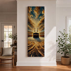 Tall vertical painting of the Kaaba at the center of Masjid al Haram in Mecca surrounded by the mosque courtyard and minarets. Dramatic golden clouds sweep across the sky above while textured oil brushstrokes create flowing patterns leading toward the Kaaba and the illuminated mosque architecture.