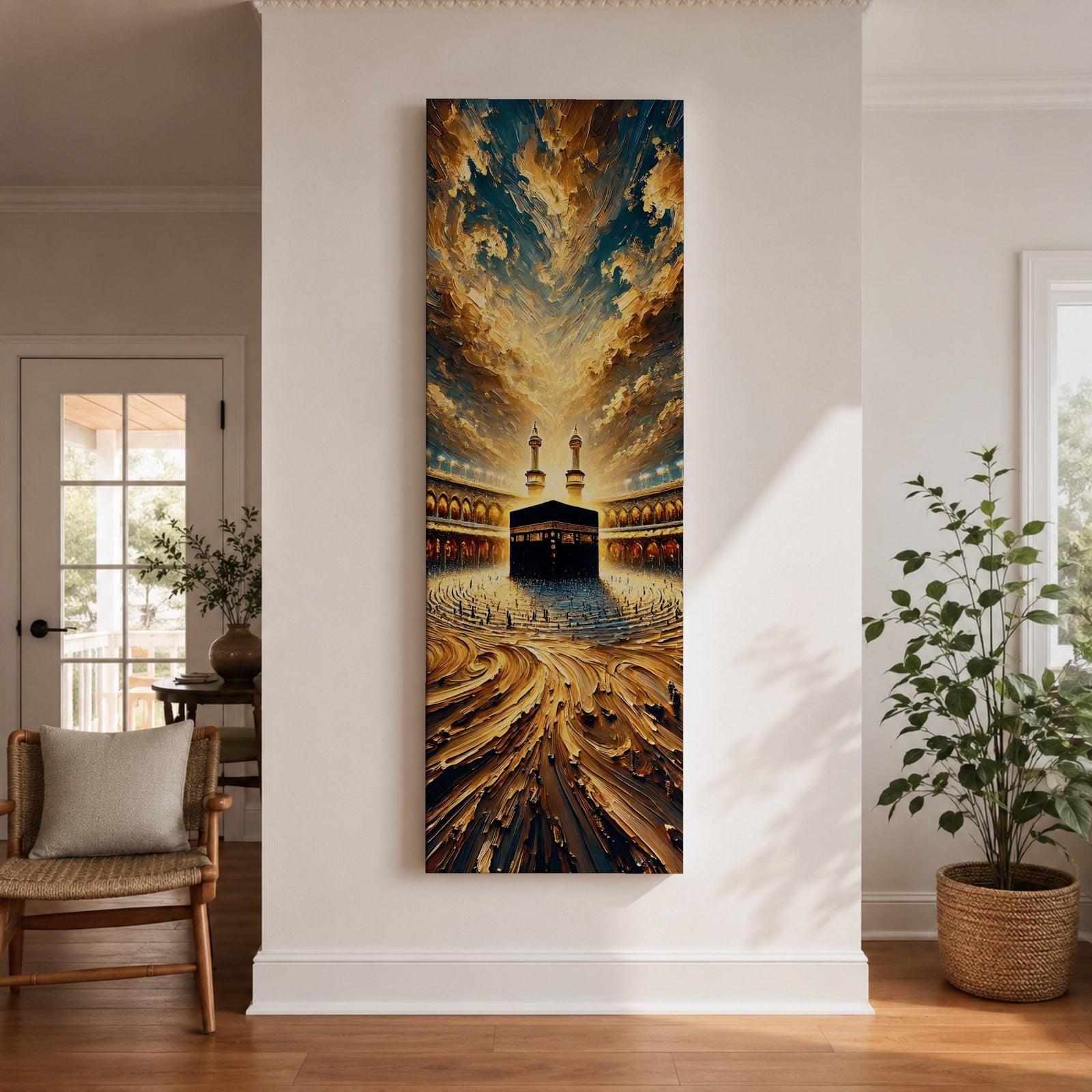 Tall vertical painting of the Kaaba at the center of Masjid al Haram in Mecca surrounded by the mosque courtyard and minarets. Dramatic golden clouds sweep across the sky above while textured oil brushstrokes create flowing patterns leading toward the Kaaba and the illuminated mosque architecture.