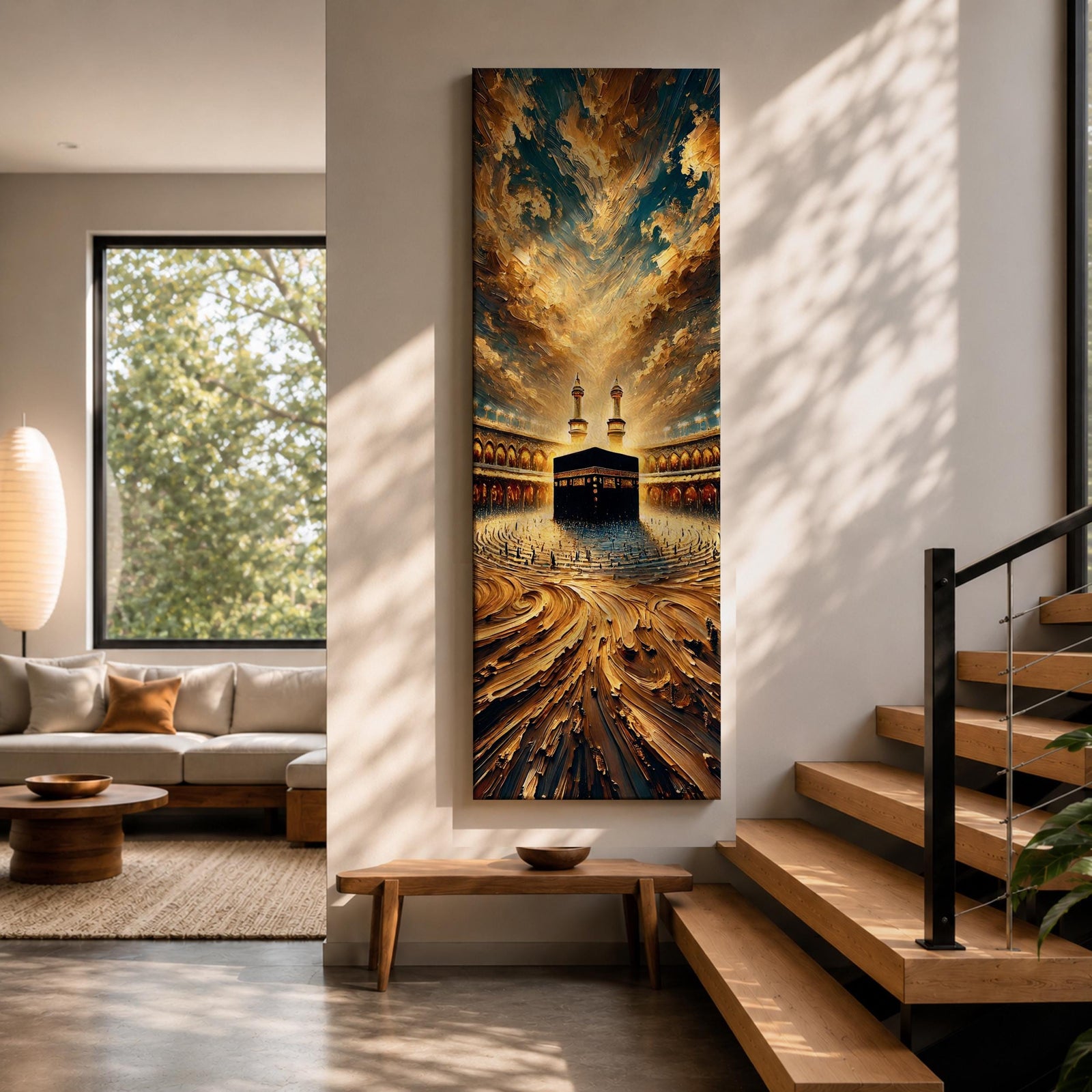 Tall vertical painting of the Kaaba at the center of Masjid al Haram in Mecca surrounded by the mosque courtyard and minarets. Dramatic golden clouds sweep across the sky above while textured oil brushstrokes create flowing patterns leading toward the Kaaba and the illuminated mosque architecture.