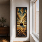 Tall vertical painting of the Kaaba at the center of Masjid al Haram in Mecca surrounded by the mosque courtyard and minarets. Dramatic golden clouds sweep across the sky above while textured oil brushstrokes create flowing patterns leading toward the Kaaba and the illuminated mosque architecture.
