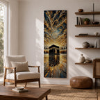 Tall vertical impasto style painting of the Kaaba centered within Masjid al Haram courtyard in Mecca. Thick palette knife textures create sweeping golden and blue clouds above while reflective stone flooring leads toward the Kaaba, surrounded by mosque arches and dramatic light.