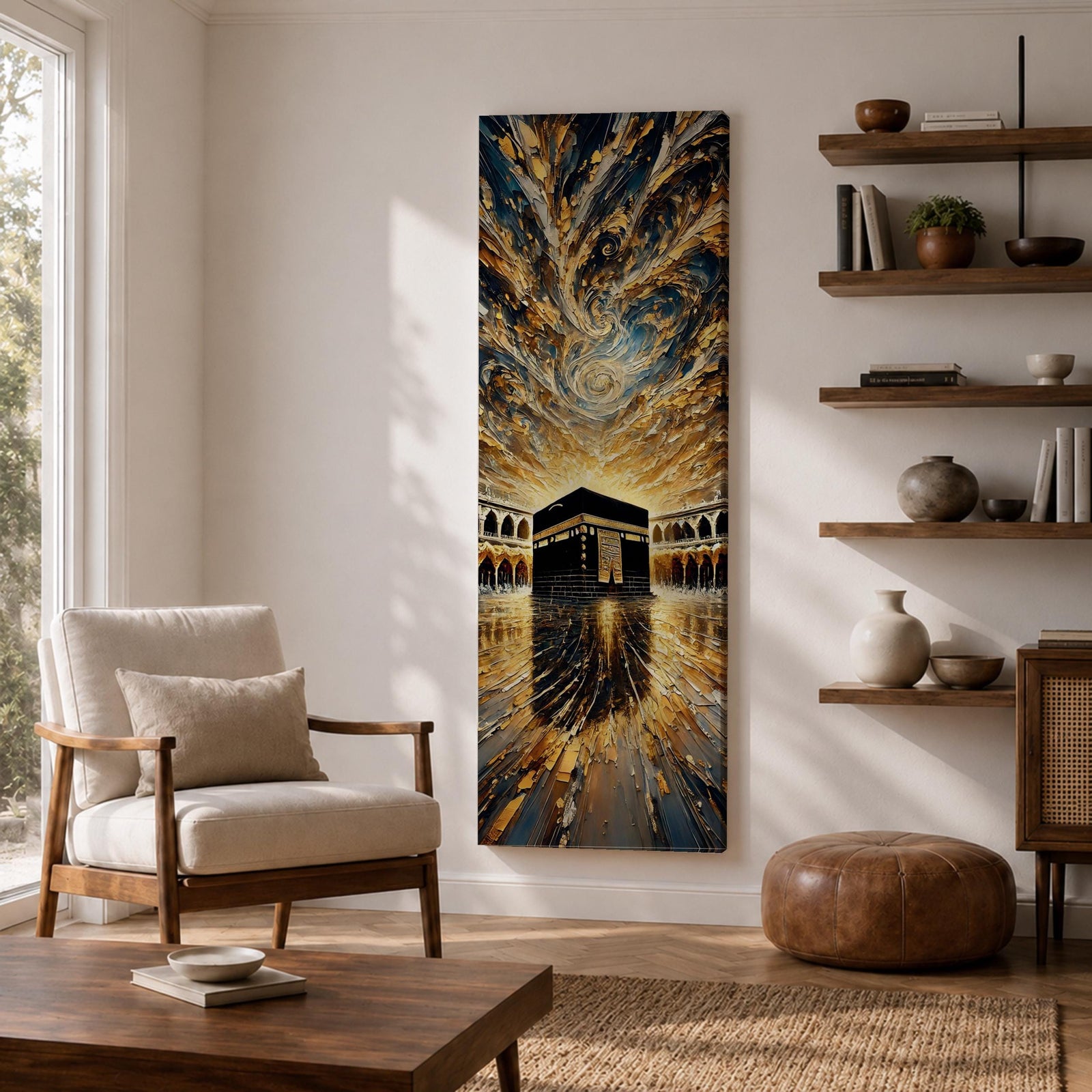 Tall vertical impasto style painting of the Kaaba centered within Masjid al Haram courtyard in Mecca. Thick palette knife textures create sweeping golden and blue clouds above while reflective stone flooring leads toward the Kaaba, surrounded by mosque arches and dramatic light.