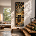 Tall vertical impasto style painting of the Kaaba centered within Masjid al Haram courtyard in Mecca. Thick palette knife textures create sweeping golden and blue clouds above while reflective stone flooring leads toward the Kaaba, surrounded by mosque arches and dramatic light.