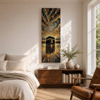 Tall vertical impasto style painting of the Kaaba centered within Masjid al Haram courtyard in Mecca. Thick palette knife textures create sweeping golden and blue clouds above while reflective stone flooring leads toward the Kaaba, surrounded by mosque arches and dramatic light.