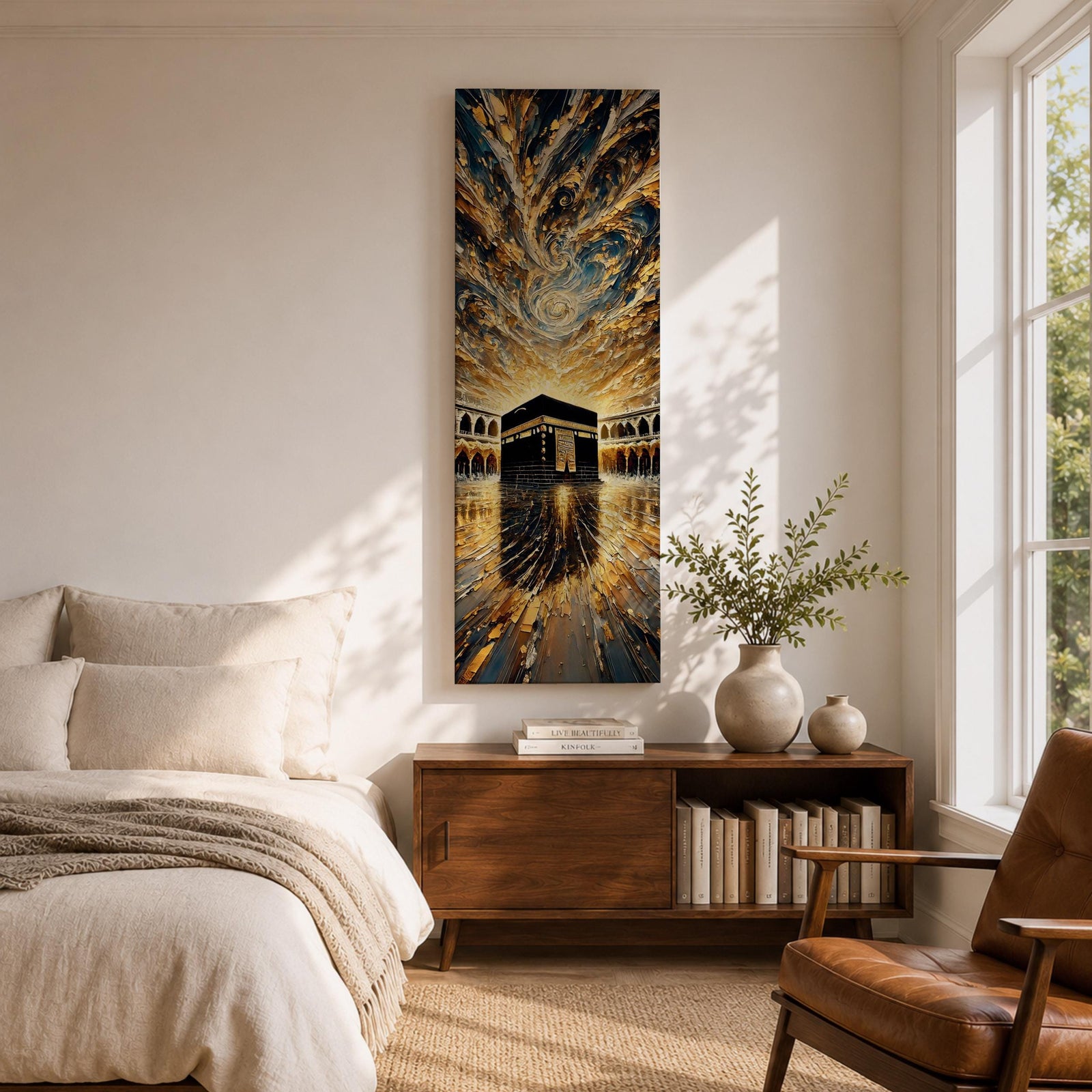 Tall vertical impasto style painting of the Kaaba centered within Masjid al Haram courtyard in Mecca. Thick palette knife textures create sweeping golden and blue clouds above while reflective stone flooring leads toward the Kaaba, surrounded by mosque arches and dramatic light.