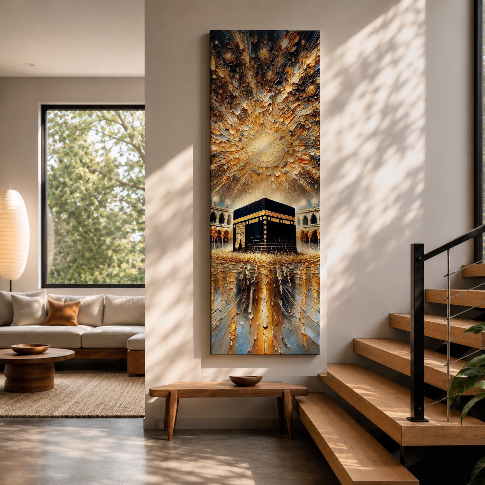 Tall vertical impasto style painting showing the sacred Kaaba at the center of Masjid al Haram surrounded by mosque arches and reflective marble courtyard. Radiating golden light spreads across a dramatic sky above the Kaaba while thick palette knife textures create movement across the glowing scene.