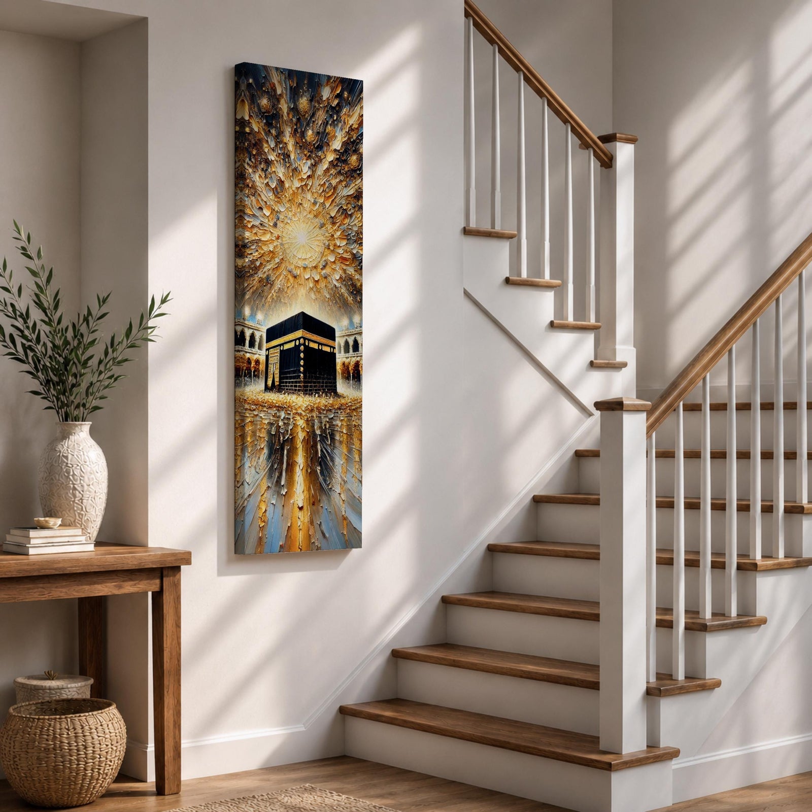 Tall vertical impasto style painting showing the sacred Kaaba at the center of Masjid al Haram surrounded by mosque arches and reflective marble courtyard. Radiating golden light spreads across a dramatic sky above the Kaaba while thick palette knife textures create movement across the glowing scene.