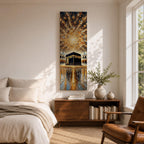 Tall vertical impasto style painting showing the sacred Kaaba at the center of Masjid al Haram surrounded by mosque arches and reflective marble courtyard. Radiating golden light spreads across a dramatic sky above the Kaaba while thick palette knife textures create movement across the glowing scene.