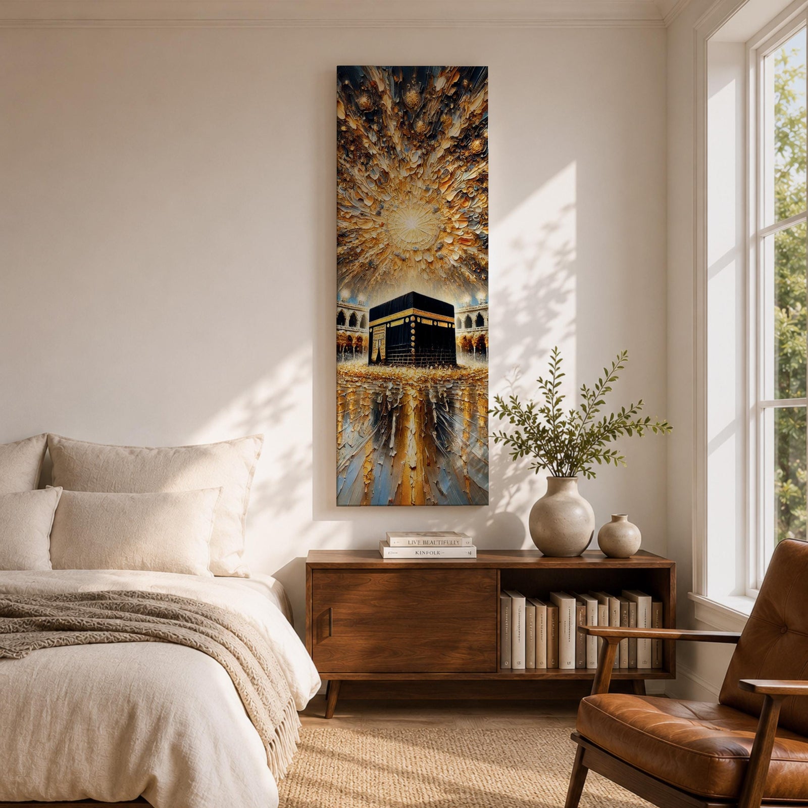 Tall vertical impasto style painting showing the sacred Kaaba at the center of Masjid al Haram surrounded by mosque arches and reflective marble courtyard. Radiating golden light spreads across a dramatic sky above the Kaaba while thick palette knife textures create movement across the glowing scene.