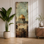 Tall vertical painting of the Dome of the Rock in Jerusalem featuring the iconic golden dome rising above historic stone walls and palm trees. The mosque structure sits beneath a muted sky with textured vintage style brushwork highlighting the architecture and warm golden tones of the dome.