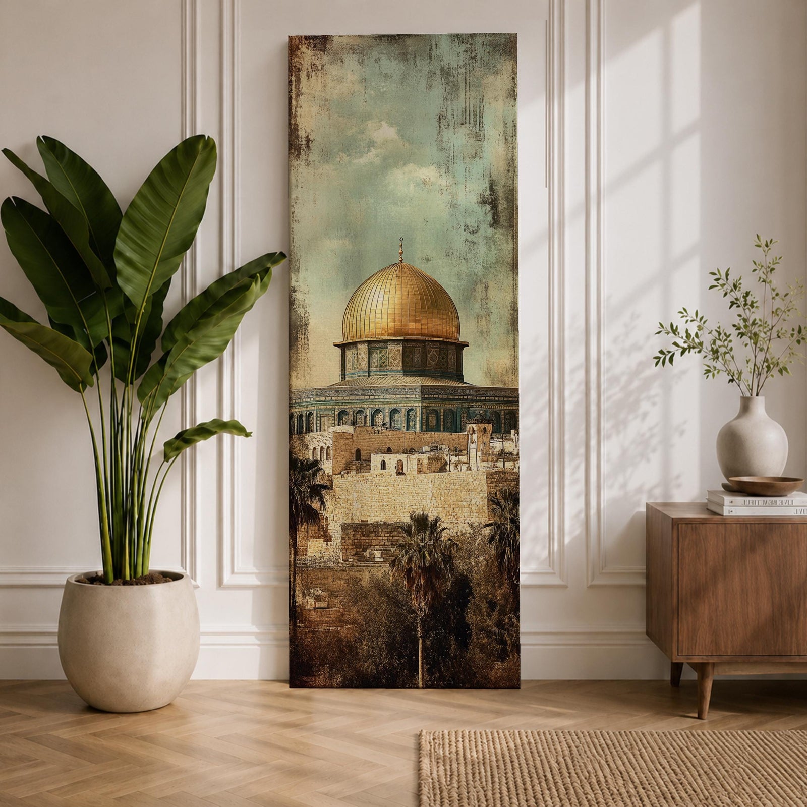 Tall vertical painting of the Dome of the Rock in Jerusalem featuring the iconic golden dome rising above historic stone walls and palm trees. The mosque structure sits beneath a muted sky with textured vintage style brushwork highlighting the architecture and warm golden tones of the dome.