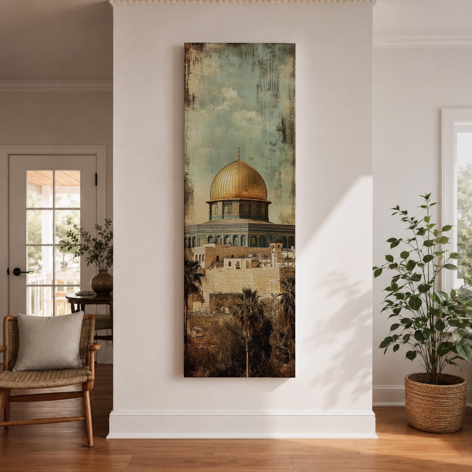 Tall vertical painting of the Dome of the Rock in Jerusalem featuring the iconic golden dome rising above historic stone walls and palm trees. The mosque structure sits beneath a muted sky with textured vintage style brushwork highlighting the architecture and warm golden tones of the dome.