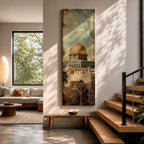 Tall vertical painting of the Dome of the Rock in Jerusalem featuring the iconic golden dome rising above historic stone walls and palm trees. The mosque structure sits beneath a muted sky with textured vintage style brushwork highlighting the architecture and warm golden tones of the dome.