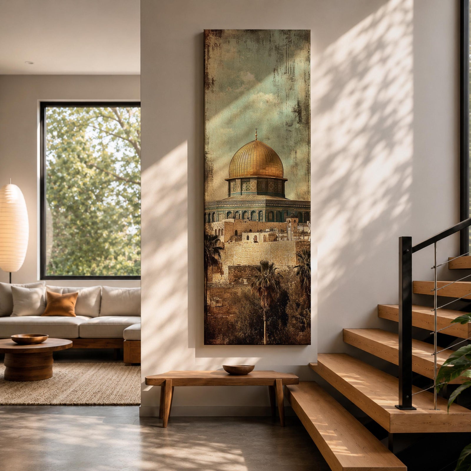 Tall vertical painting of the Dome of the Rock in Jerusalem featuring the iconic golden dome rising above historic stone walls and palm trees. The mosque structure sits beneath a muted sky with textured vintage style brushwork highlighting the architecture and warm golden tones of the dome.