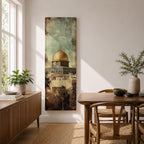 Tall vertical painting of the Dome of the Rock in Jerusalem featuring the iconic golden dome rising above historic stone walls and palm trees. The mosque structure sits beneath a muted sky with textured vintage style brushwork highlighting the architecture and warm golden tones of the dome.