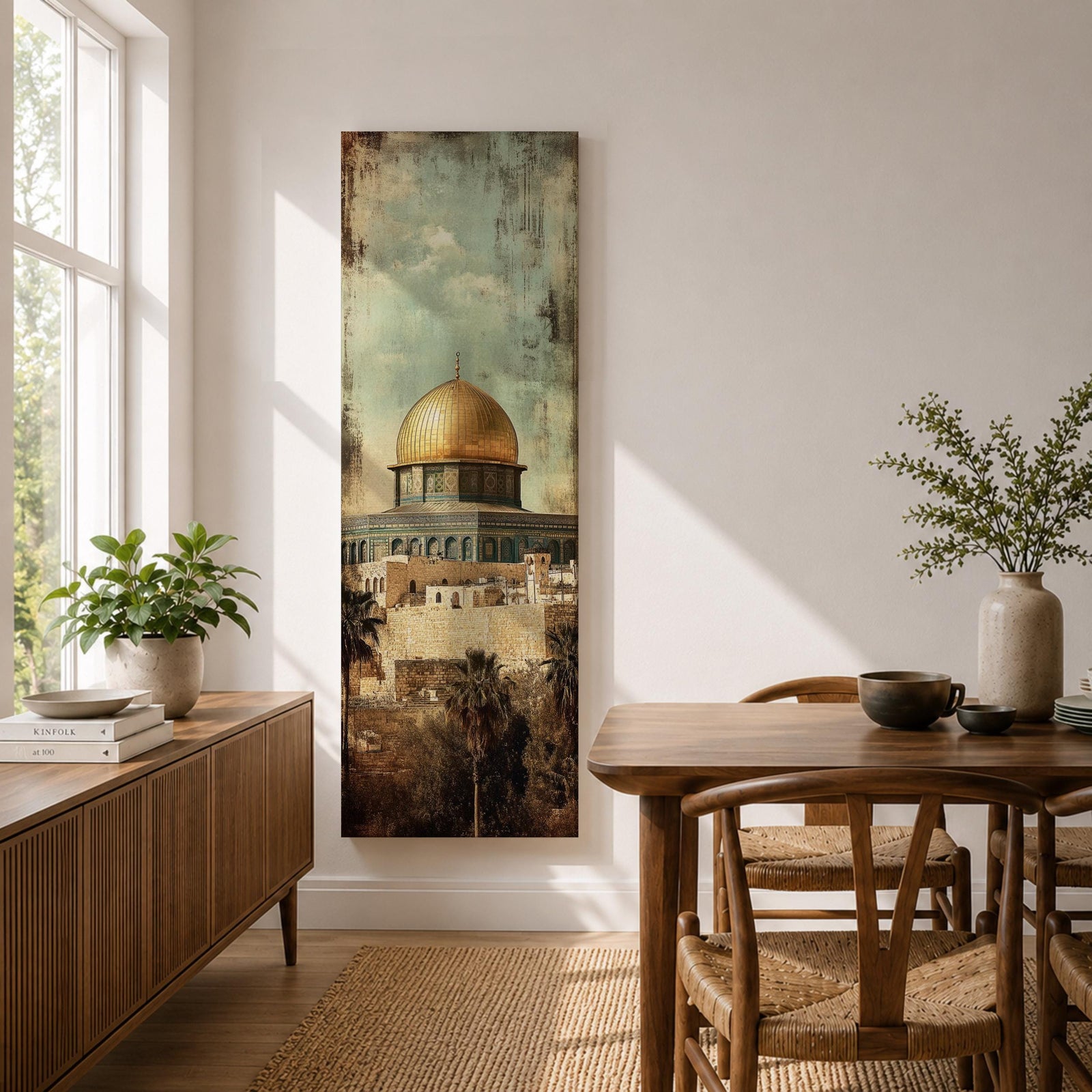 Tall vertical painting of the Dome of the Rock in Jerusalem featuring the iconic golden dome rising above historic stone walls and palm trees. The mosque structure sits beneath a muted sky with textured vintage style brushwork highlighting the architecture and warm golden tones of the dome.